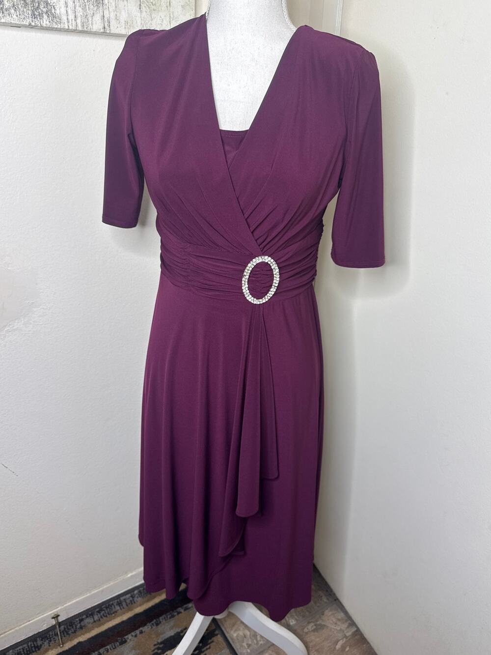 Y2K Draper's & Damon's Plum Faux-Wrap Cocktail Evening Dress Rhinestone Buckle 8